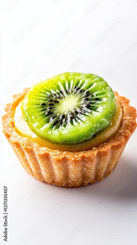 Small tart filled with cream and topped with a bright green slice of kiwi on a plain surface Small tart filled with cream and topped with a bright green slice of kiwi on a plain surface