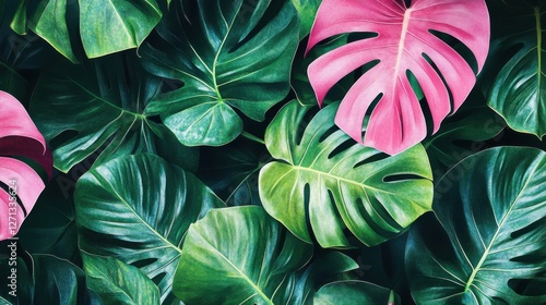 Tropical plants and Jungle background vector. colorful summer pattern design with topical foliage, arts brush and pink color. Modern wallpaper design for prints, poster, cover, cards and. homewares.