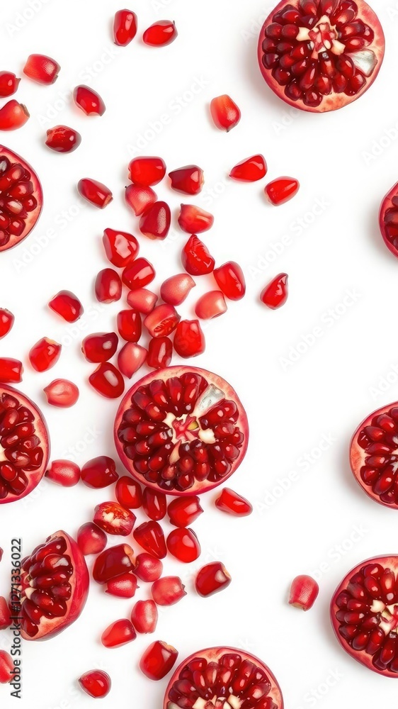 Fresh pomegranate seeds scattered on a white background, symbolizing health and vitality, texture, superfood Fresh pomegranate seeds scattered on a white background, symbolizing health and vitality, texture, superfood