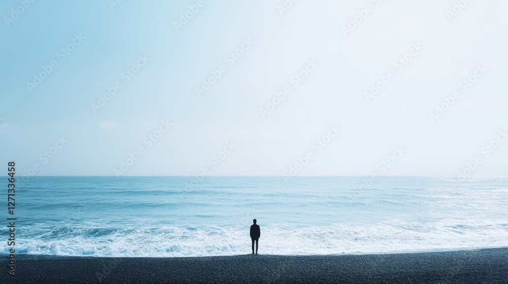 A lone figure stands at the edge of a wide, tranquil blue sea, contemplating infinity under a vast sky, embodying freedom and solitude. A lone figure stands at the edge of a wide, tranquil blue sea, contemplating infinity under a vast sky, embodying freedom and solitude.