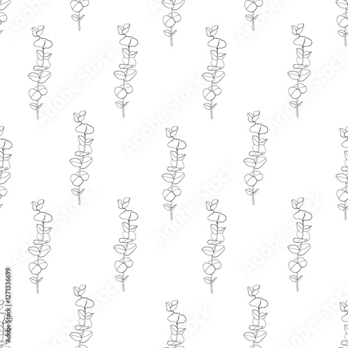 Seamless pattern of eucalyptus. Hand drawn branches illustration in monochrome painted black inks. Outline print for fabric, textile, wallpaper, packaging.