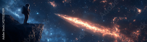 Dramatic cosmic landscape with an astronaut standing on the edge of a cliff, gazing at a massive comet streaking across a night sky filled with star clusters