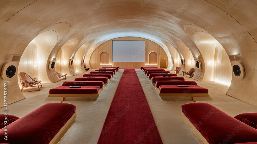 Obraz premium A modern cinema hall with plush red velvet seats, a large screen, long carpet, light wood panel walls with built-in speakers, offering a perfect cinematic viewing experience.