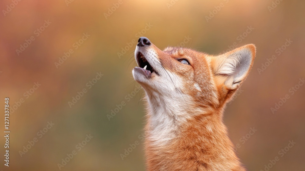 Fototapeta premium Fox looking up in autumnal forest. Possible use Nature photography, wildlife stock