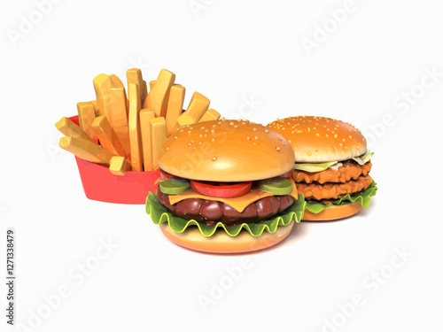 Fast Food Menu Hamburger Beef Chicken Burger 3D Illustration