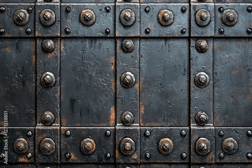 Close-up of an old medieval iron door with rivets and bolts, exhibiting historical texture, great for gothic architecture and vintage design backgrounds.