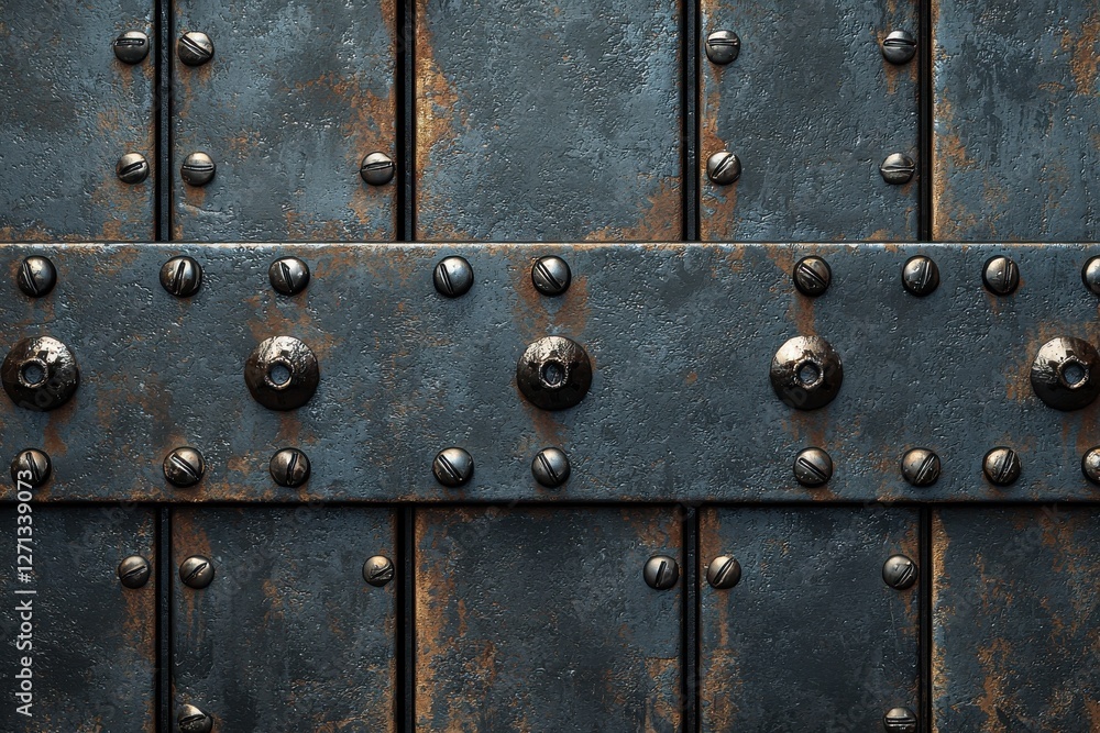 Fototapeta premium Aged metal door with rivets and bolts, showcasing the texture and design elements, perfect for industrial, vintage and historical backgrounds and graphic designs.