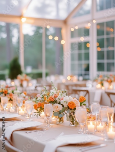 Tables adorned with floral arrangements and candles create a romantic atmosphere for a wedding reception
