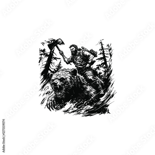 Lumberjack riding mighty bear in the forest design vector template logo t-shirt illustration