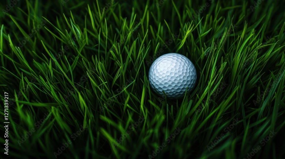 Golf ball in lush green grass, course background, sport imagery Golf ball in lush green grass, course background, sport imagery