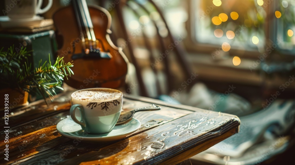 Coffee on a table with a musical instrument nearby Coffee on a table with a musical instrument nearby