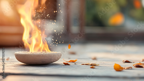 A sacred fire burns in a clay bowl as petals and grains float in the air, symbolizing a spiritual offering and purification ritual. Perfect for religious and meditative themes. Selective focus