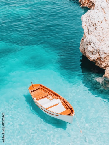 A wooden boat rests on vibrant turquoise water beside a rocky coastline