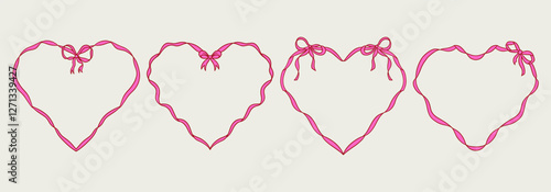 Set of elegant whimsical hand-drawn pink red color heart shape frames with wavy squiggle curly ribbons in trendy, vintage styles. Perfect for quirky holiday, wedding, birthday gift decorations