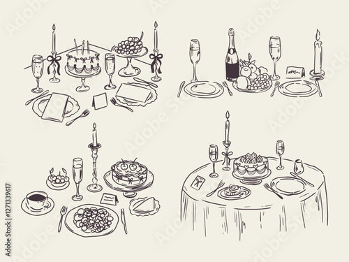 Set of whimsical hand-drawn dinner party setup with multiple tables and exquisite dishes in trendy vintage style. Perfect for quirky wedding holiday, dinner and bar menu, bachelorette party, birthday 