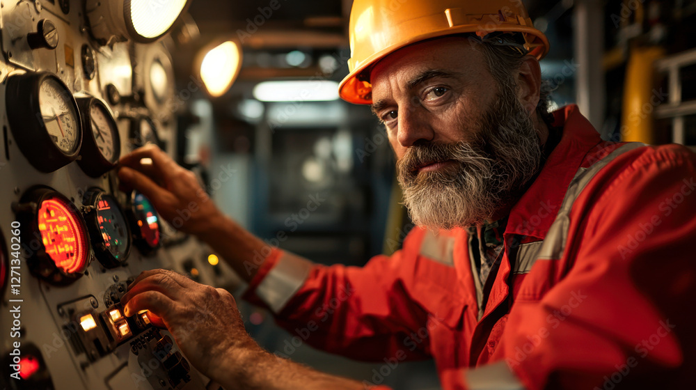 Offshore industrial engineer operating machinery in control room, focused and skilled Offshore industrial engineer operating machinery in control room, focused and skilled