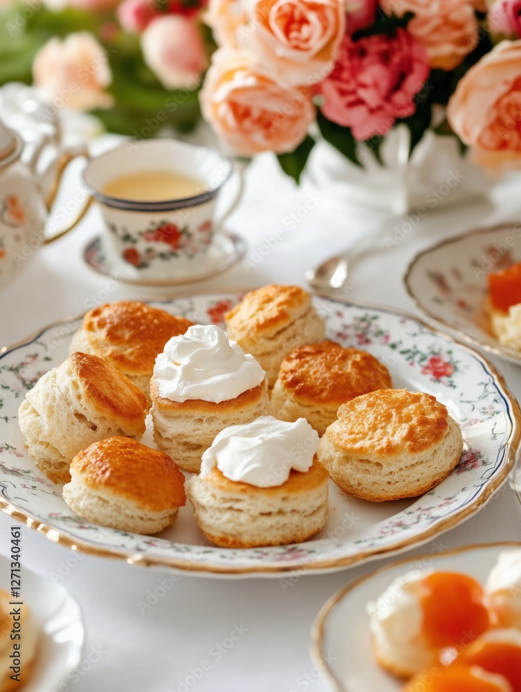 A beautiful spread of scones topped with cream and fruit preserves, enjoyed during a lovely afternoon tea with flowers A beautiful spread of scones topped with cream and fruit preserves, enjoyed during a lovely afternoon tea with flowers
