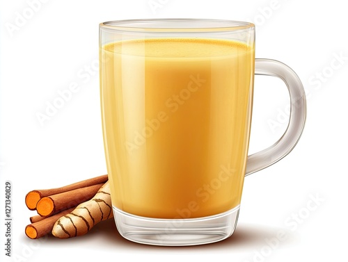 Golden milk in glass with turmeric and cinnamon on white background photo