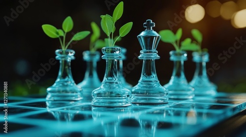 Glass chess pieces, plants sprouting, futuristic board, strategic growth photo