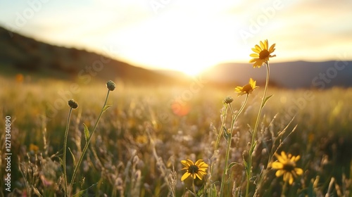 Sunset glow illuminating wildflowers in a serene field capturing the essence of a tranquil summer evening : Generative AI