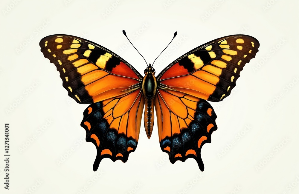 Obraz premium Vintage style orange butterfly illustration with open wings. Detailed drawing with many colours on transparent background. Macro closeup of insect with black and blue spots on wings.