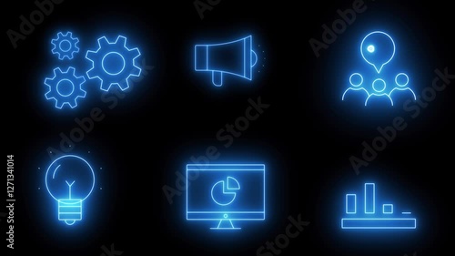 Digital Marketing animated icons glowing neon light 