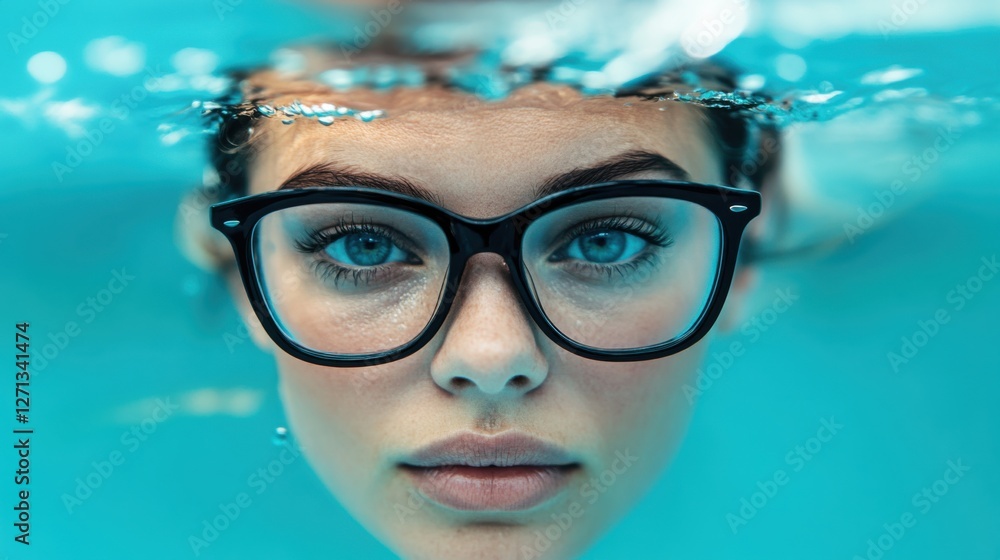 Naklejka premium Myopia prevention with a woman wearing glasses swimming in a lake. Wellness, fitness, and eye protection