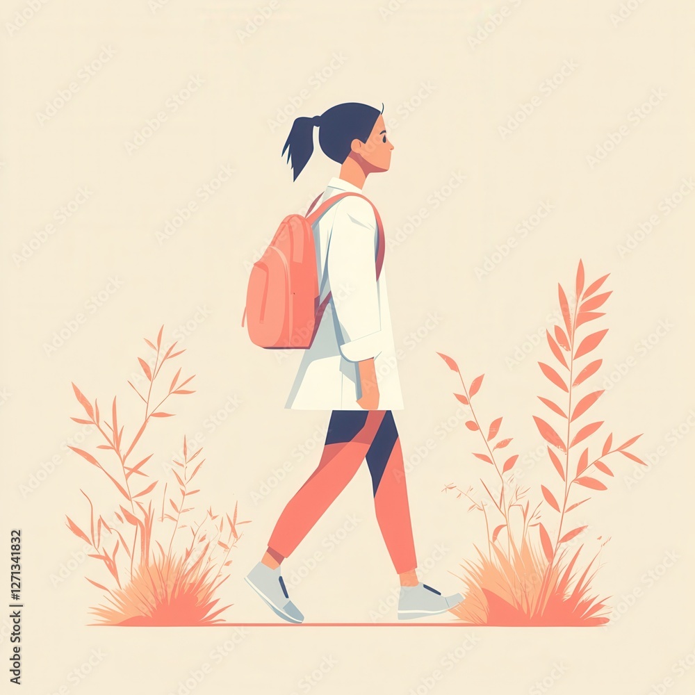 A woman walking in nature with a backpack. A woman walking in nature with a backpack.