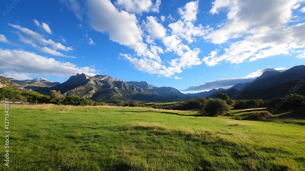 Naklejka premium Breathtaking panoramic view of lush grassland with majestic mountains under a vibrant blue sky : Generative AI