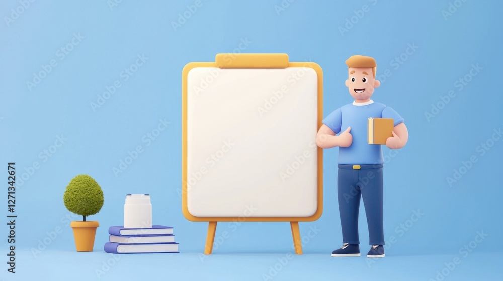 Commercial advertisements influence consumers. Cheerful character with a blank board and books in a bright setting. Commercial advertisements influence consumers. Cheerful character with a blank board and books in a bright setting.