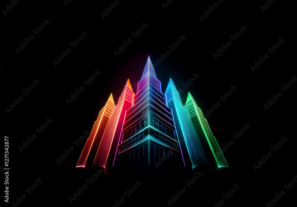 Fototapeta premium Vibrant, abstract buildings glow with neon colors against a stark black backdrop, creating a futuristic and illuminated cityscape scene.