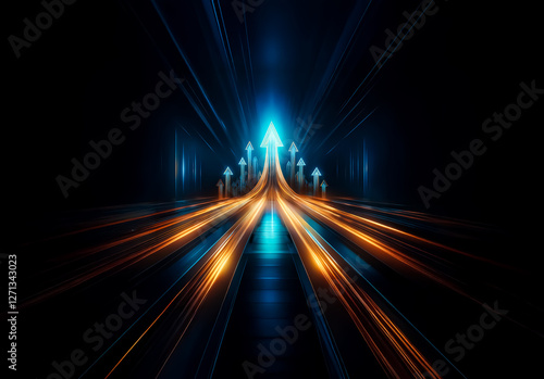 Streaks of blue and orange lights converge into arrows pointing upwards against a dark backdrop.  The glowing path illustrates direction and forward momentum.