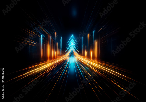 Abstract image of glowing blue and orange light trails converging towards a central point against a dark backdrop, creating a dynamic and futuristic visual.