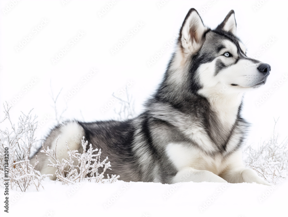 Obraz premium A striking Siberian Husky with a thick black-and-white coat and piercing blue eyes stands confidently against a black background.