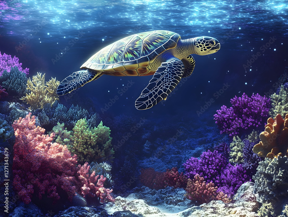 Obraz premium graceful sea turtle swims through vibrant coral reef, surrounded by colorful corals