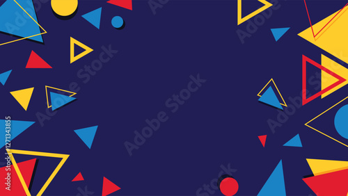 Vibrant geometric triangle background featuring blue, red, and yellow shapes on a dark backdrop. Ideal for creative designs, banners, presentations, digital art, and abstract graphic compositions.