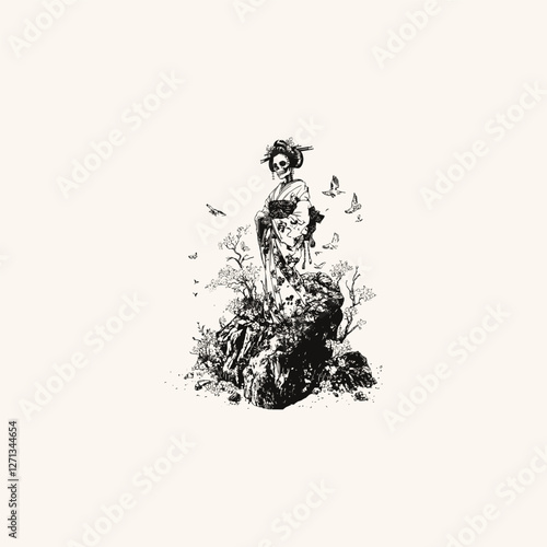 geisha skull standing on a rock design vector template logo t-shirt illustration