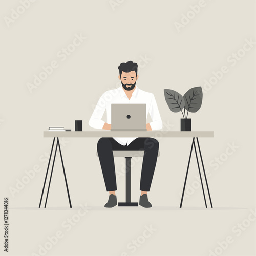 Flat 2D illustration of a young businessman working on a laptop at a modern desk, office background, clean and minimalistic style, pastel colors. A man is working at a computer on a white background