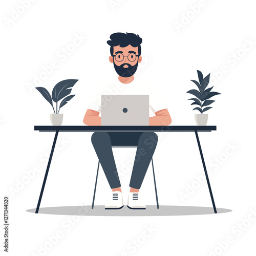 Flat 2D illustration of a young businessman working on a laptop at a modern desk, office background, clean and minimalistic style, pastel colors. A man is working at a computer on a white background