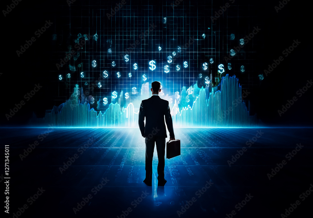 A businessman in a suit and briefcase gazes at digital dollar symbols and glowing graphs against a dark backdrop, representing financial technology and market analysis. A businessman in a suit and briefcase gazes at digital dollar symbols and glowing graphs against a dark backdrop, representing financial technology and market analysis.