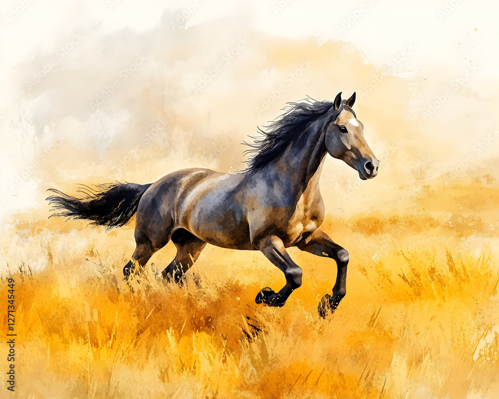 majestic horse runs freely through golden field, exuding grace and power majestic horse runs freely through golden field, exuding grace and power