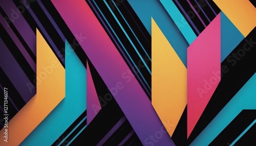 Wallpaper Mural A vibrant abstract composition featuring intersecting diagonal parallel lines and sharp angled shapes in purple, yellow, teal, and pink against a black background Torontodigital.ca