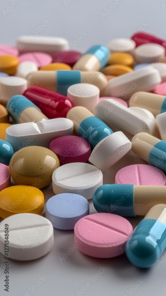 Pile of Prescription Pills in Different Shapes and Colors on Simple Plain Background Pile of Prescription Pills in Different Shapes and Colors on Simple Plain Background