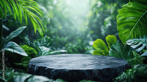 Stone stand for advertising products in a tropical forest.