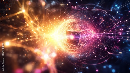 Abstract Digital Cube Energy Flow Network Connections Vivid Colorful Glowing Light Rays Futuristic Technology Background Design Illustration Neon Pink