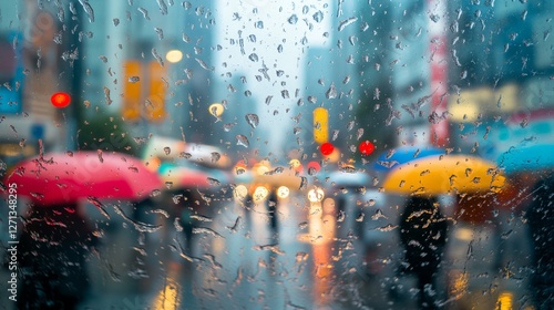 Blurred city scene viewed through a rain-soaked window, colorful umbrellas contrast with wet streets.