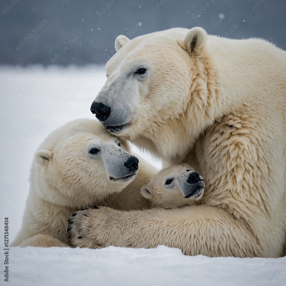 A polar bear mother cuddling her cub, their fur almost vanishing into the white backdrop. A polar bear mother cuddling her cub, their fur almost vanishing into the white backdrop.
