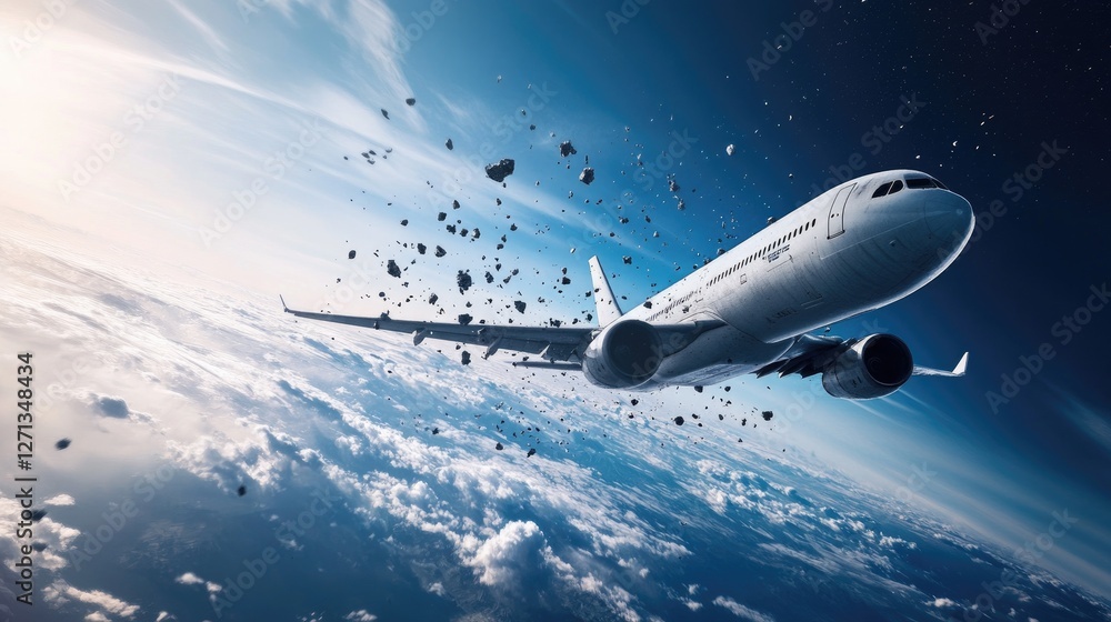 Naklejka premium Space debris descending near airplane, symbolizing growing aviation risks.