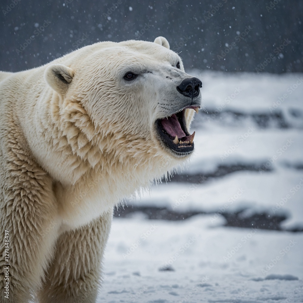 A polar bear roaring, showcasing its sharp teeth against the snow-like background. A polar bear roaring, showcasing its sharp teeth against the snow-like background.