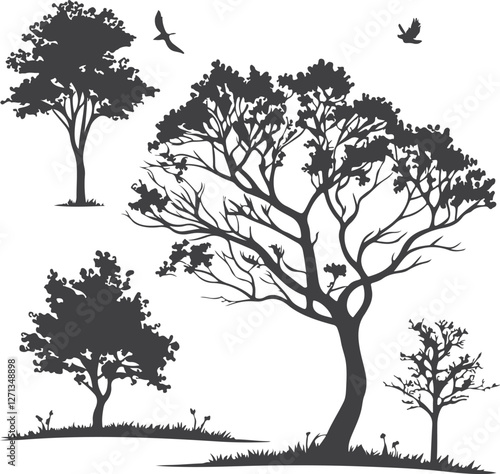 set of silhouettes of trees